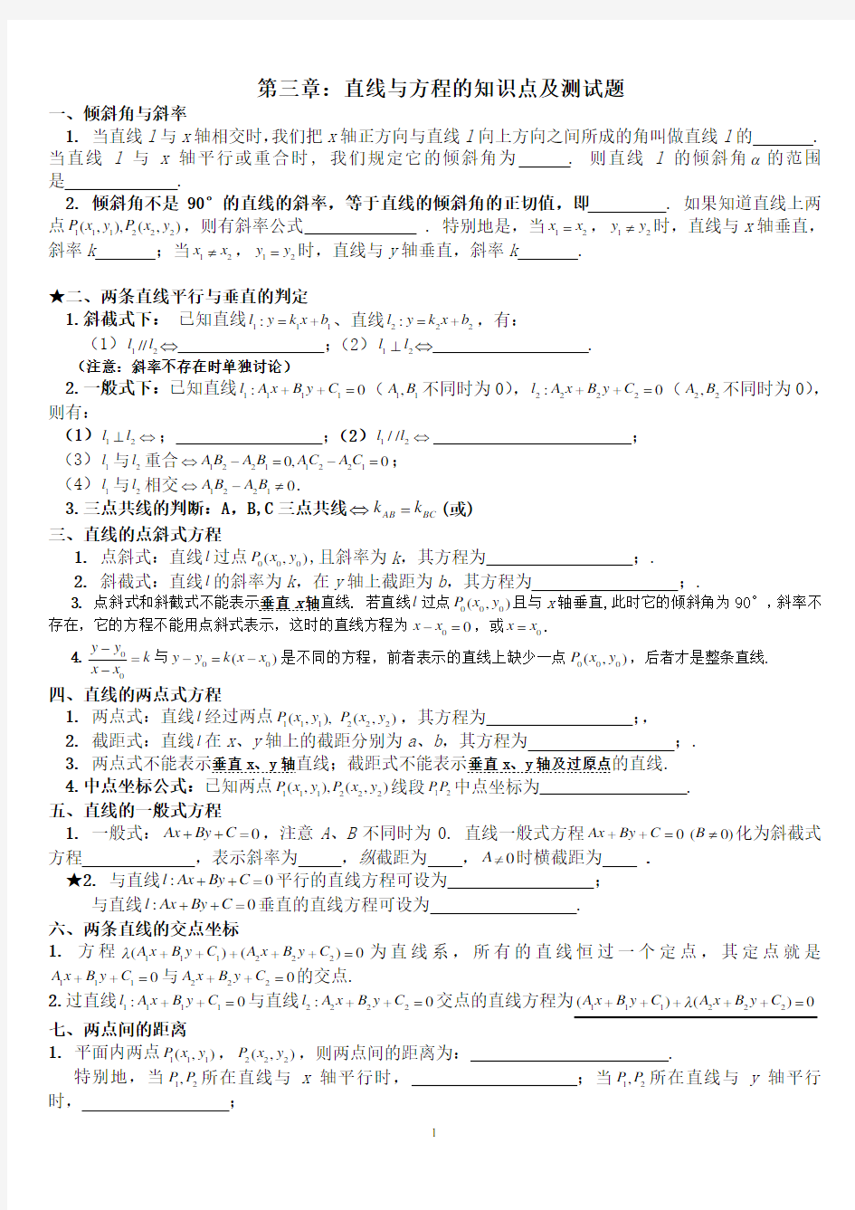 数学必修二第三章直线与方程知识点总结及测试题