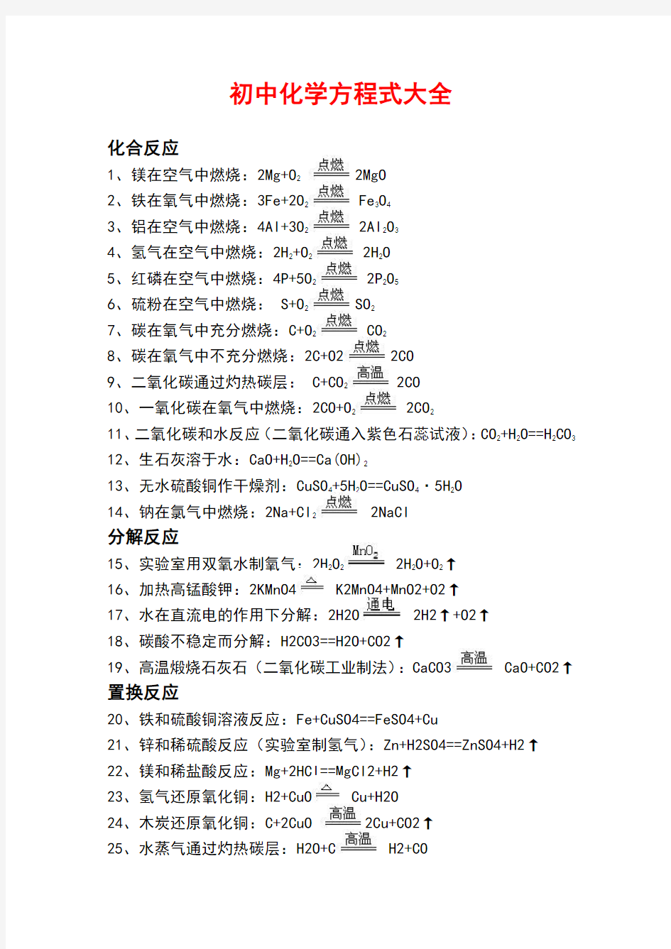 2015年中考初中生必背化学方程式大全