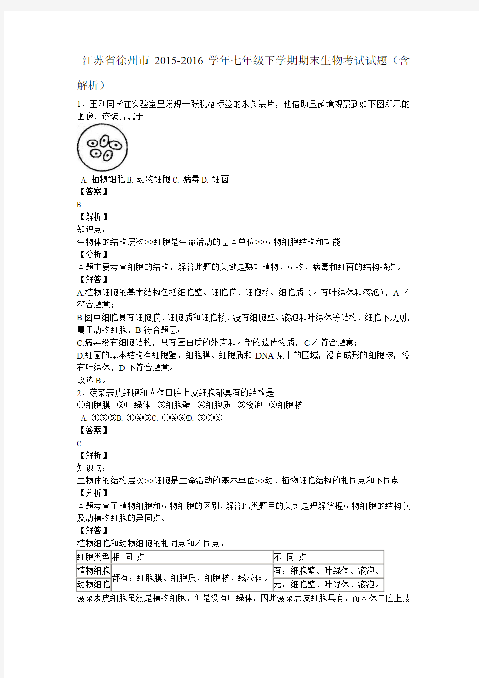江苏省徐州市2015-2016学年七年级下学期期末生物考试试题(含解析) (1)