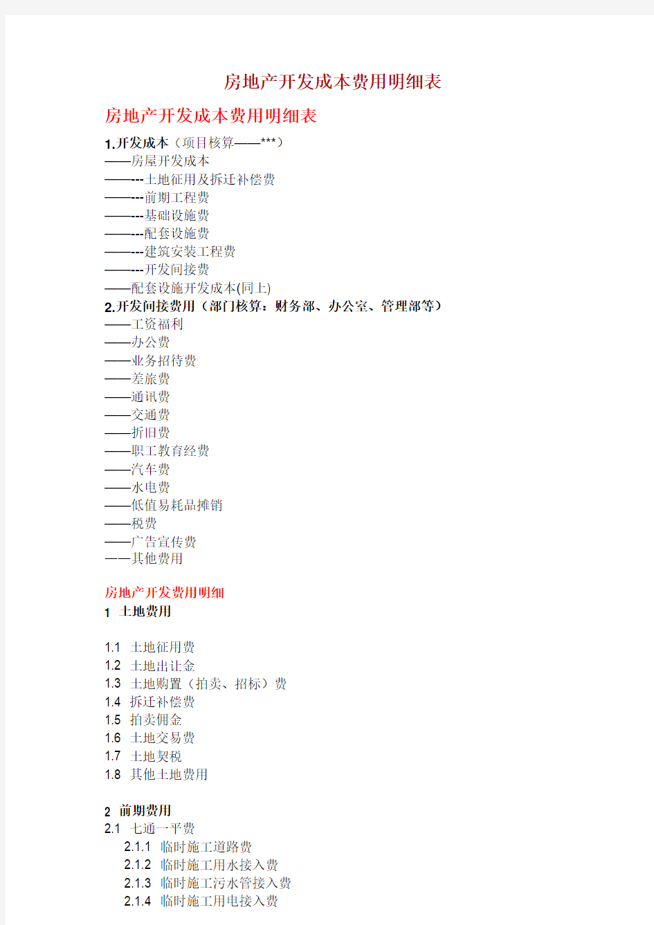 房地产开发成本费用明细表