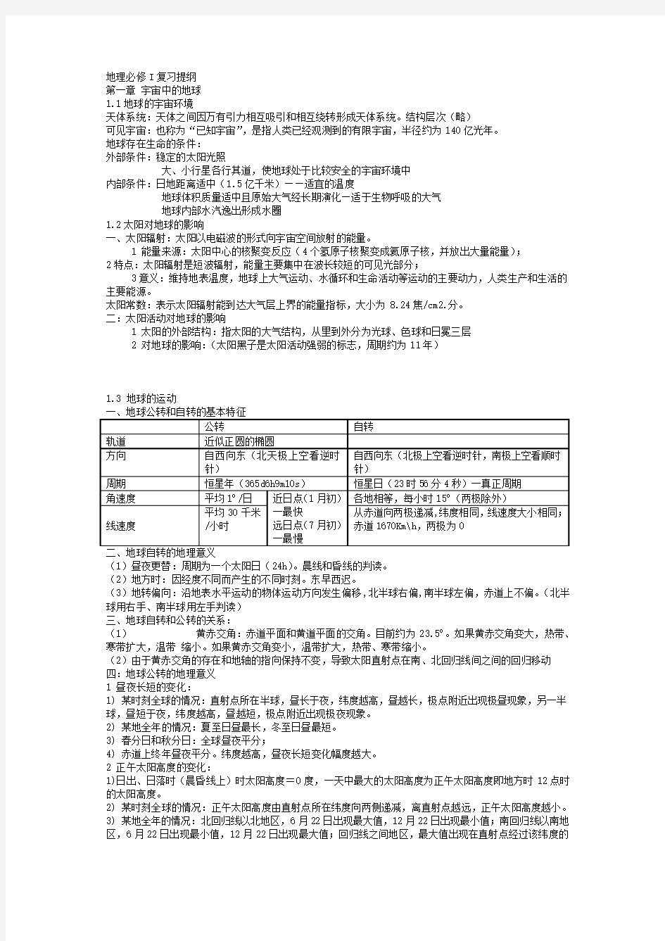 高中地理必修一知识点总结完全篇