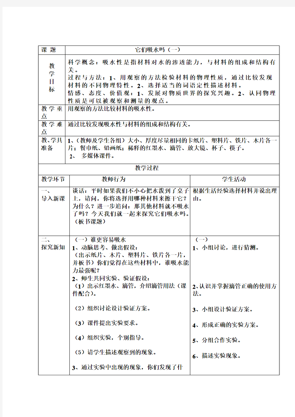 教科版科学小学四年级《它们吸水吗》教案和反思