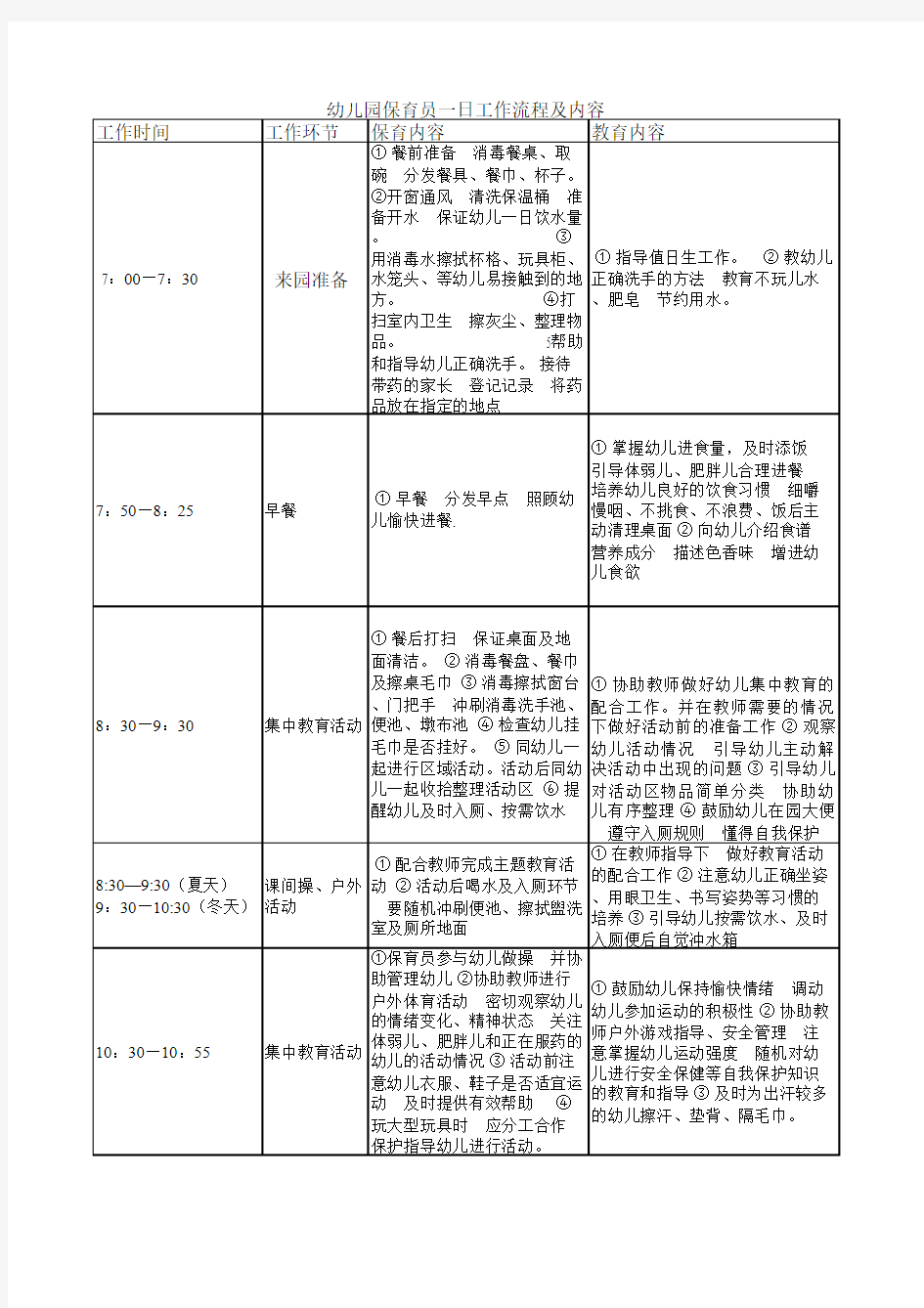 保育员一日工作流程及内容