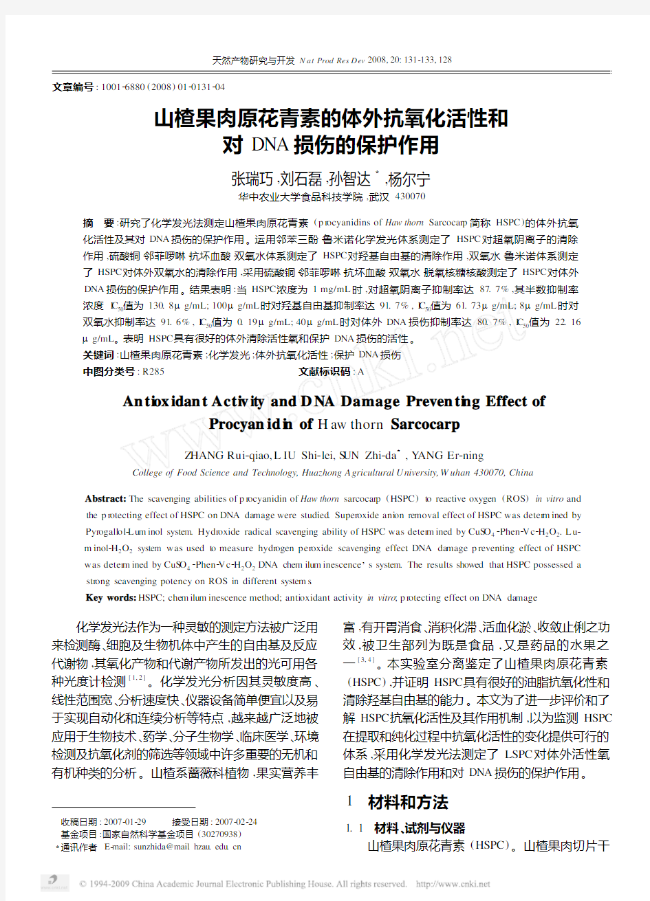 山楂果肉原花青素的体外抗氧化活性和对DNA损伤的保护作用