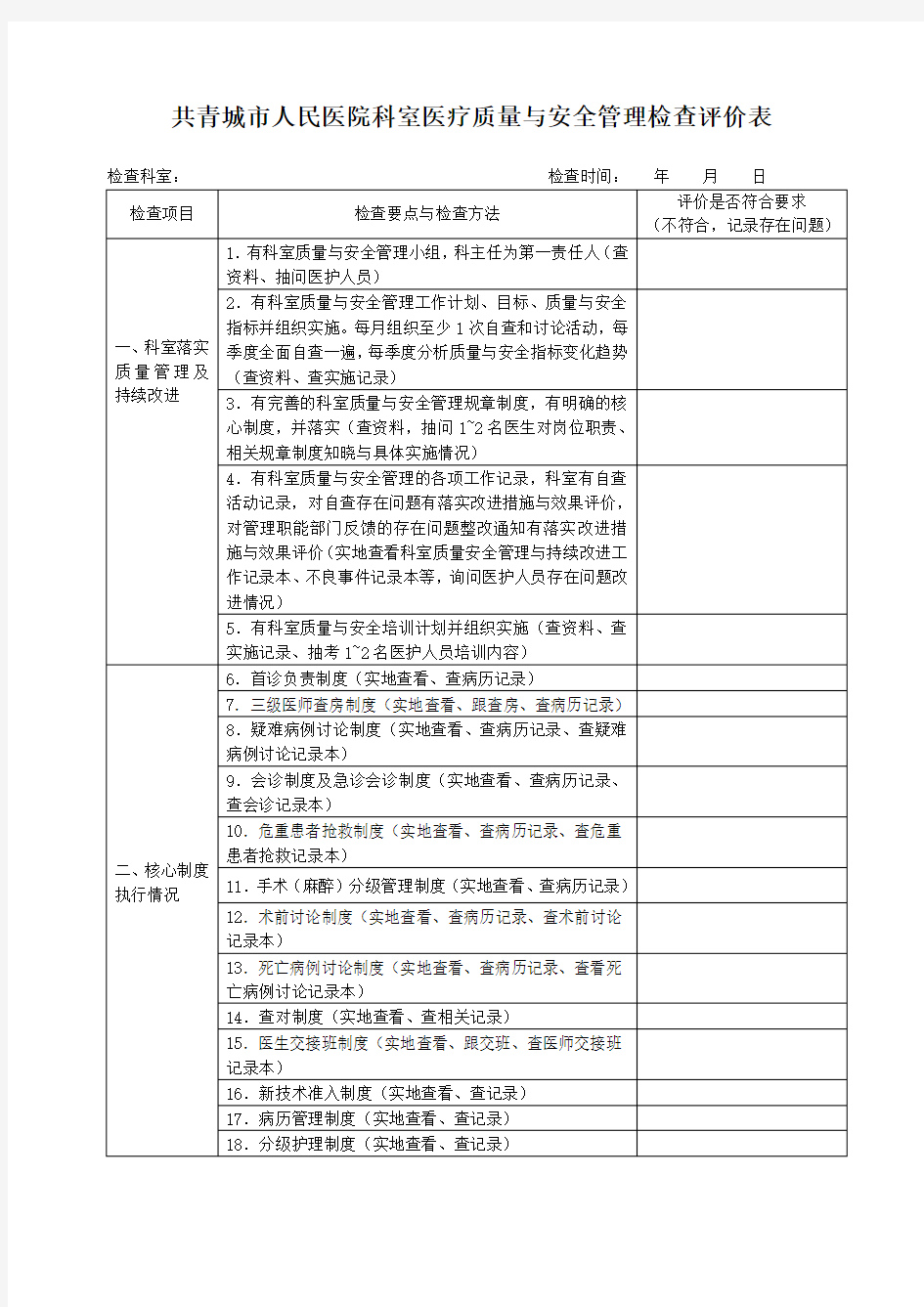 科室医疗质量与安全管理检查评价表