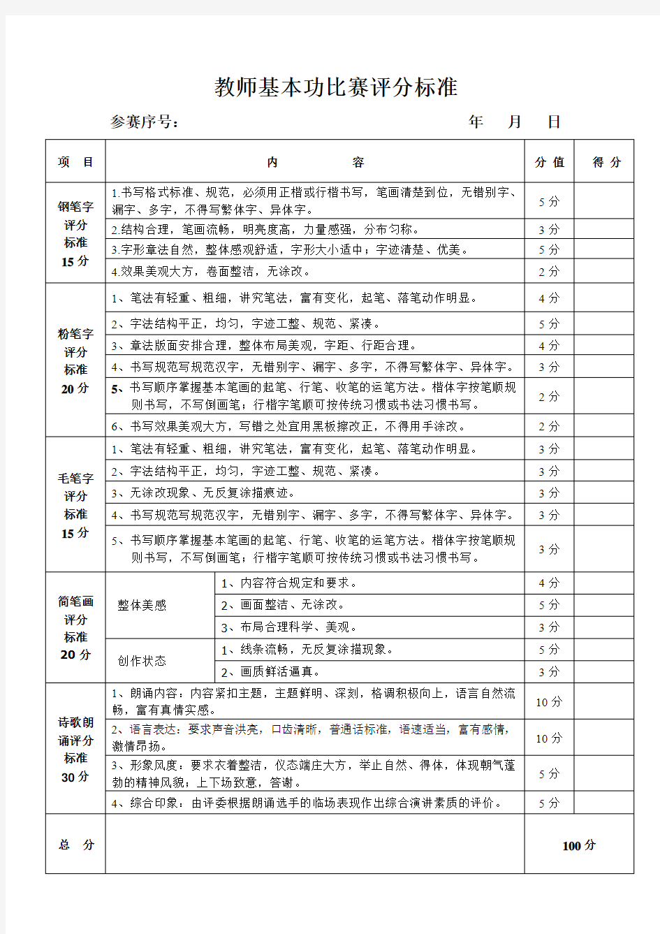 教师基本功比赛评分标准