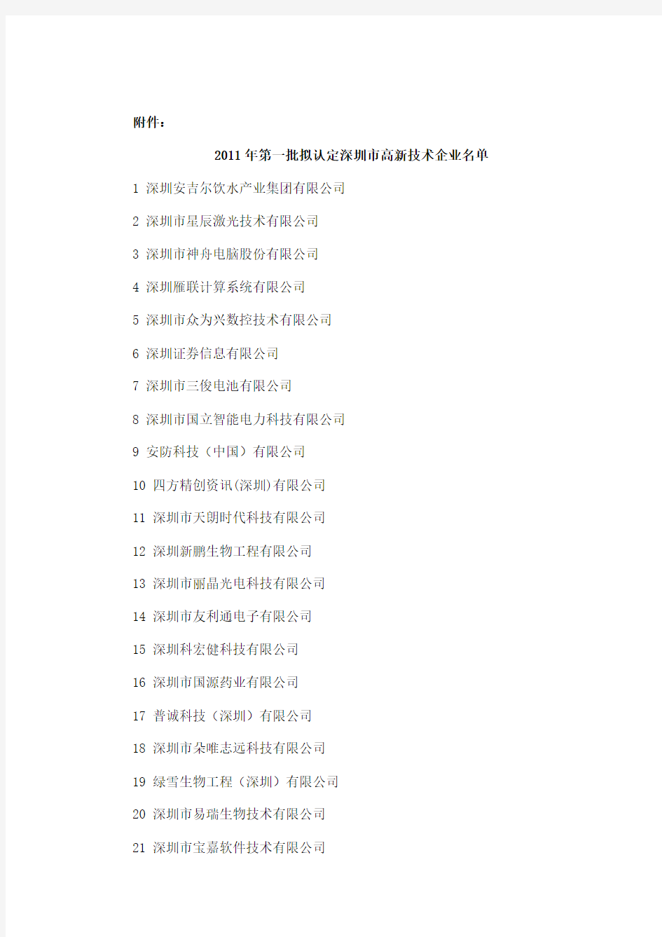 2011年第一批拟认定深圳市高新技术企业名单