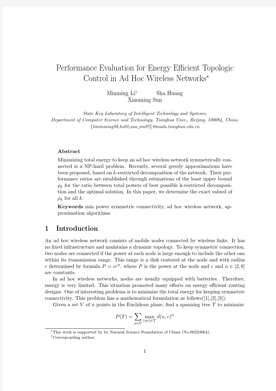 Performance Evaluation for Energy Efficient Topologic Control in Ad Hoc Wireless Networks