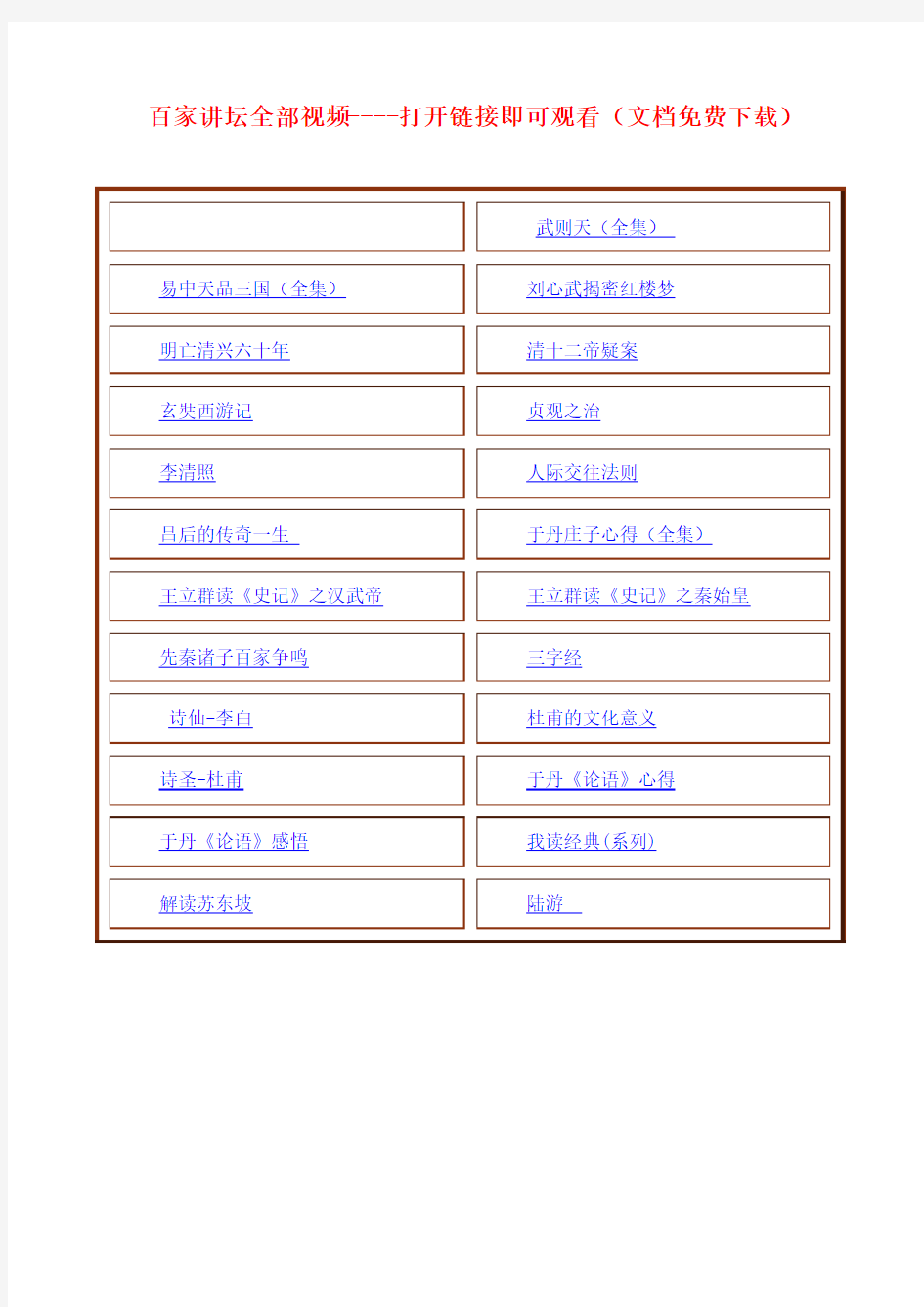 百家讲坛全部视频----打开链接即可观看(文档免费下载)