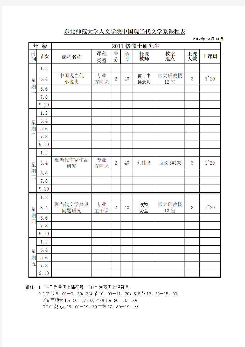 东北师范大学人文学院中国现当代文学系课程表