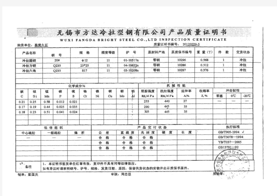 圆钢、方钢材质证明