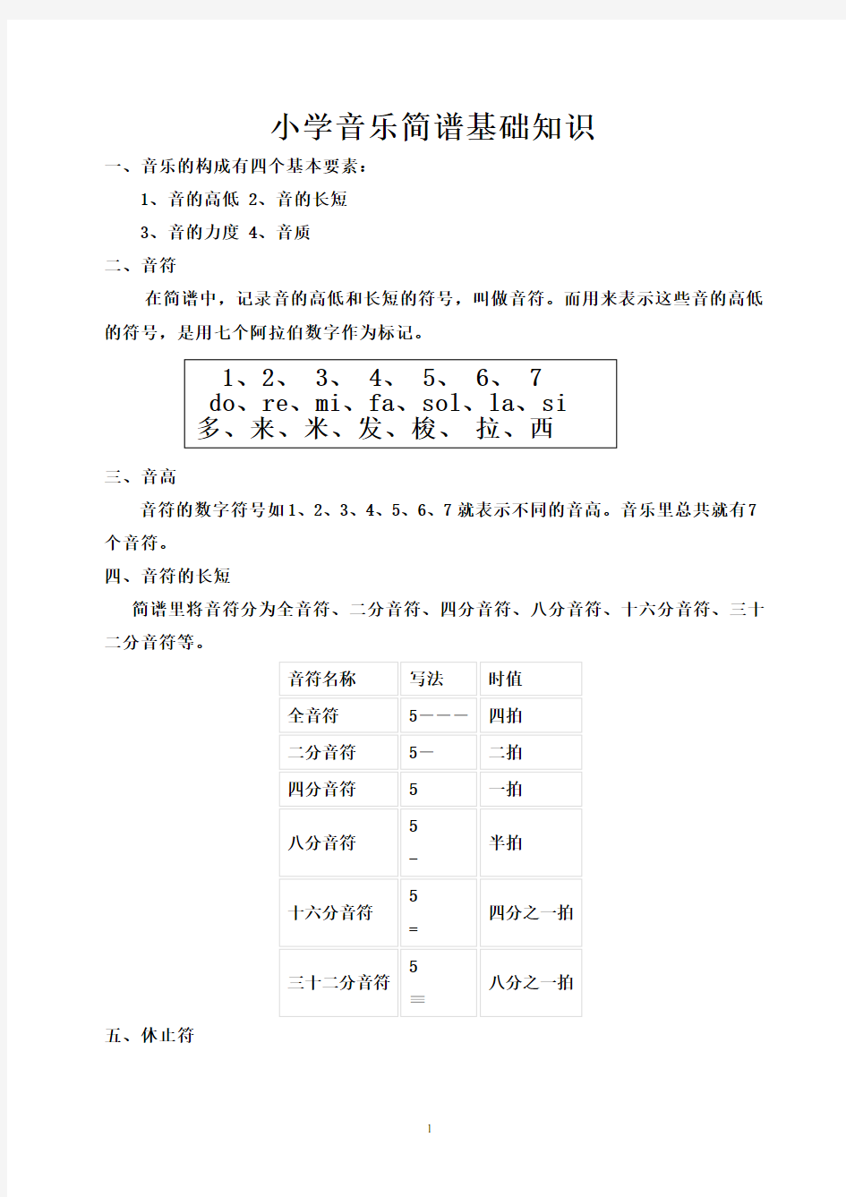 小学音乐简谱乐理知识