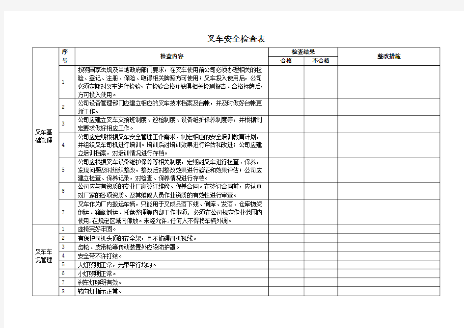 叉车安全检查表