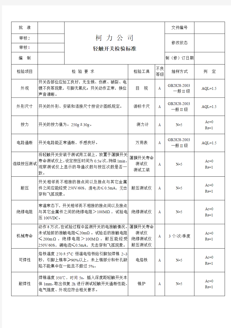 100427轻触开关检验标准