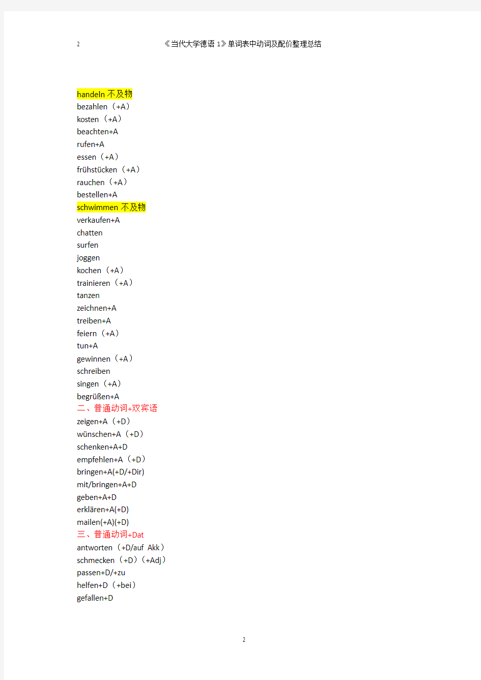 《当代大学德语1》U1-U7动词及配价总结