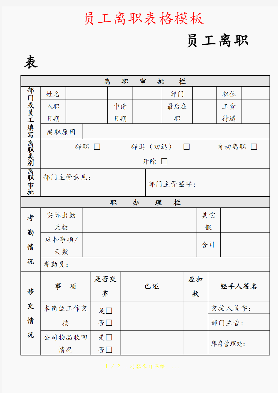 员工离职表格模板(精选干货)