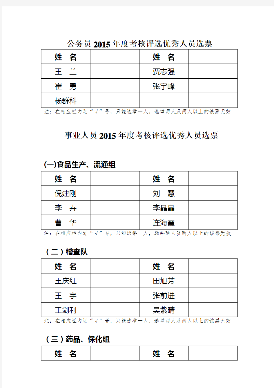 公务员2015年度考核评选优秀人员选票