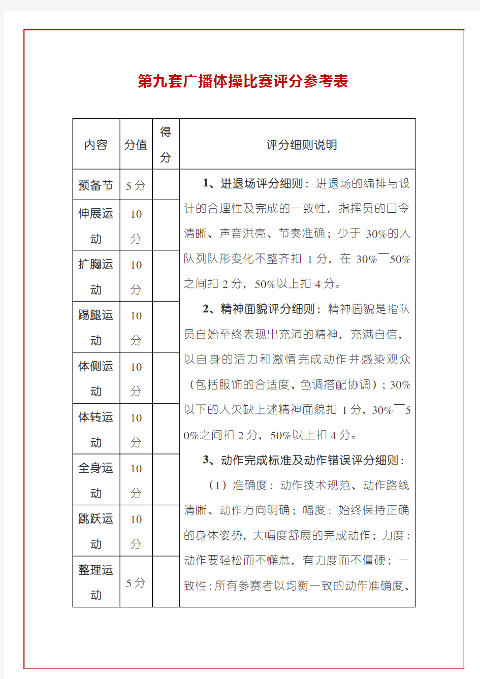 第九套广播体操比赛评分参考表