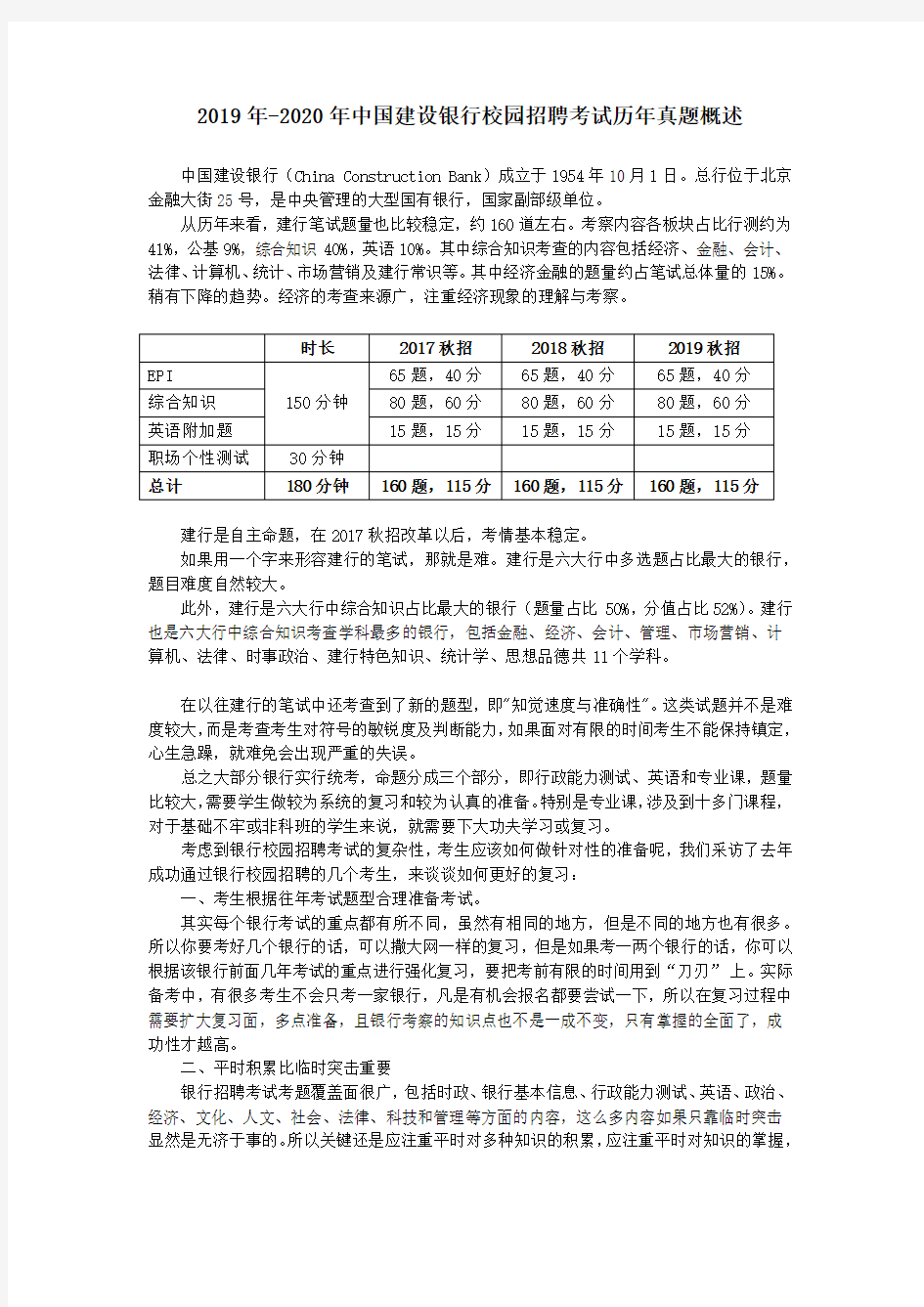 2019年-2020年中国建设银行校园招聘考试历年真题概述