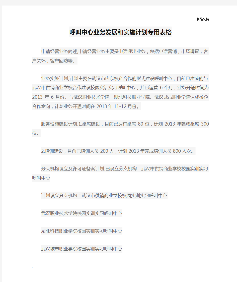 呼叫中心业务发展和实施计划专用表格