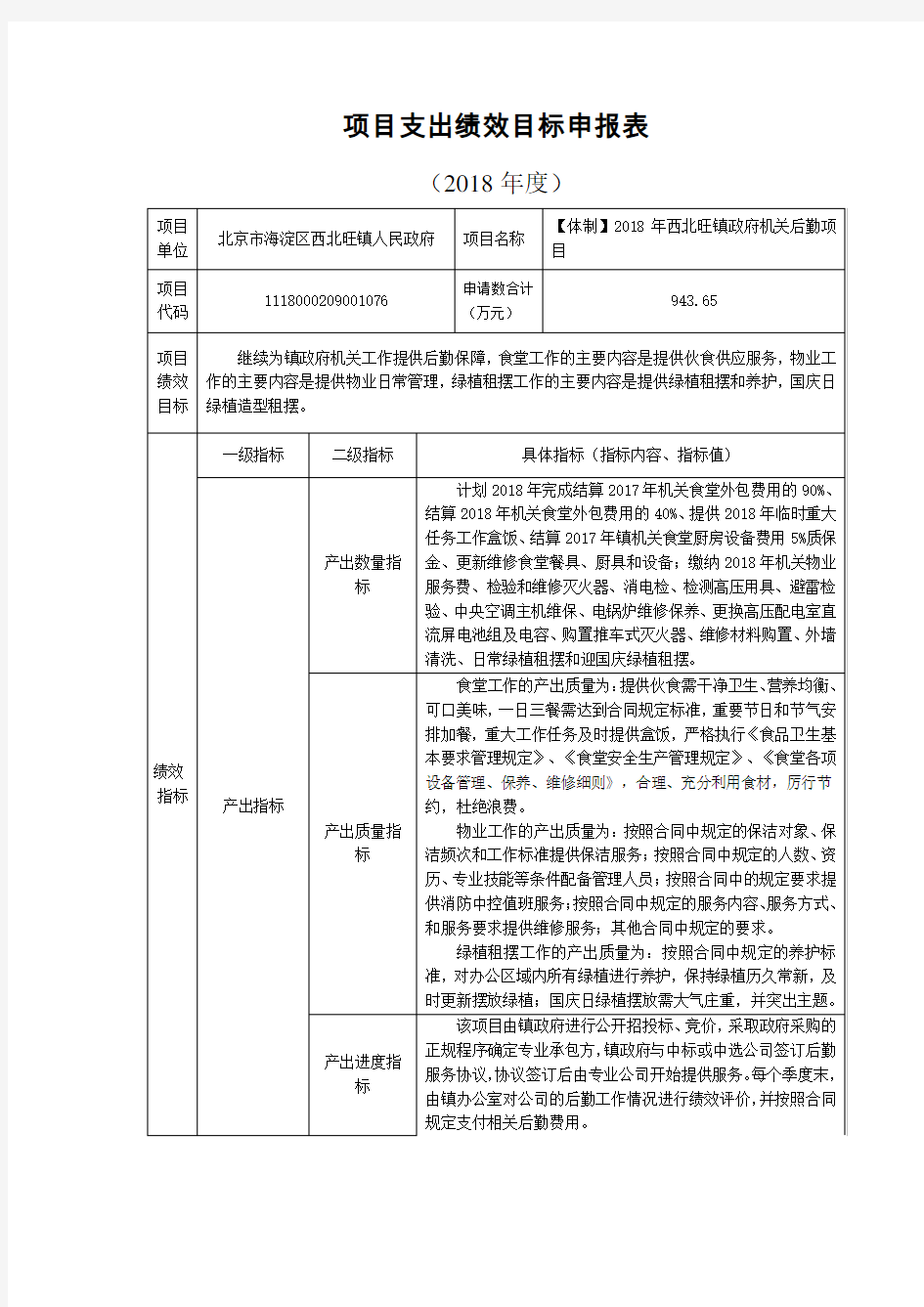 项目支出绩效目标申报表