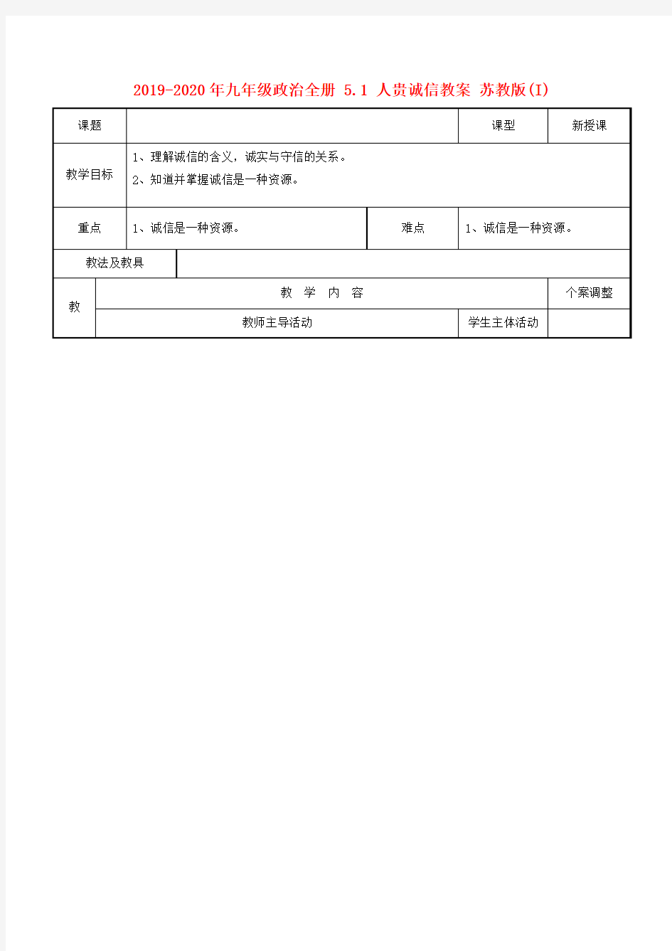 2019-2020年九年级政治全册 5.1 人贵诚信教案 苏教版(I)