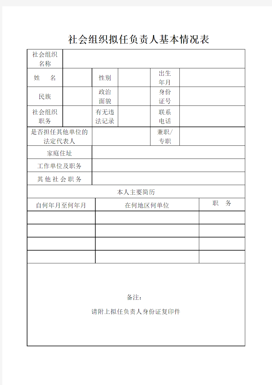 社会组织拟任负责人基本情况表