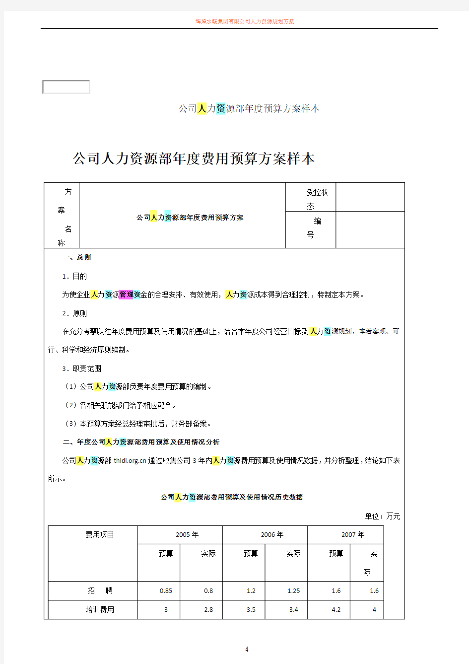 公司人力资源部年度预算方案样本