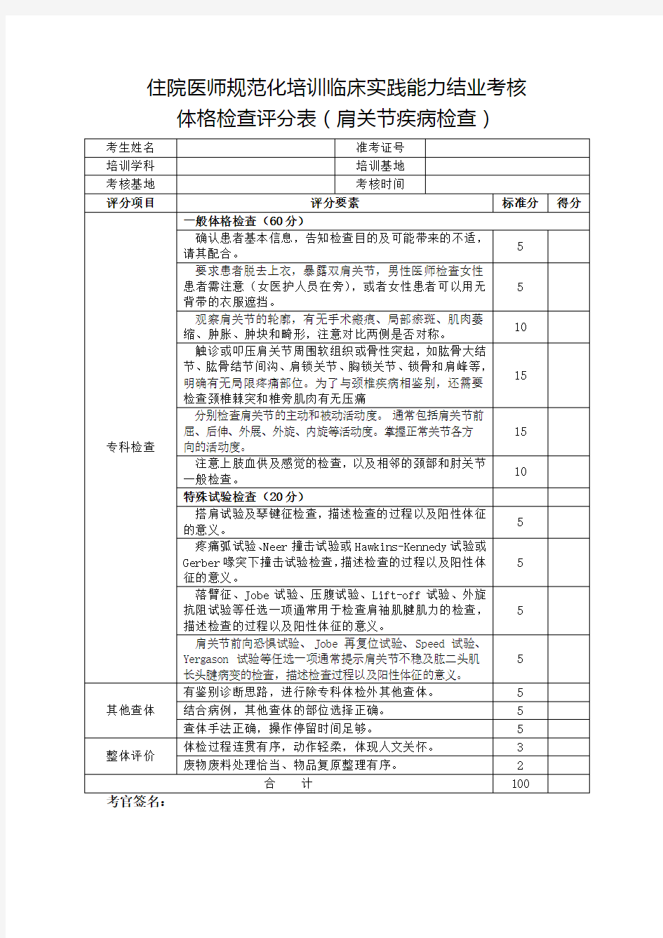 住院医师规范化培训临床实践能力结业考核体格检查评分表(肩关节疾病检查)