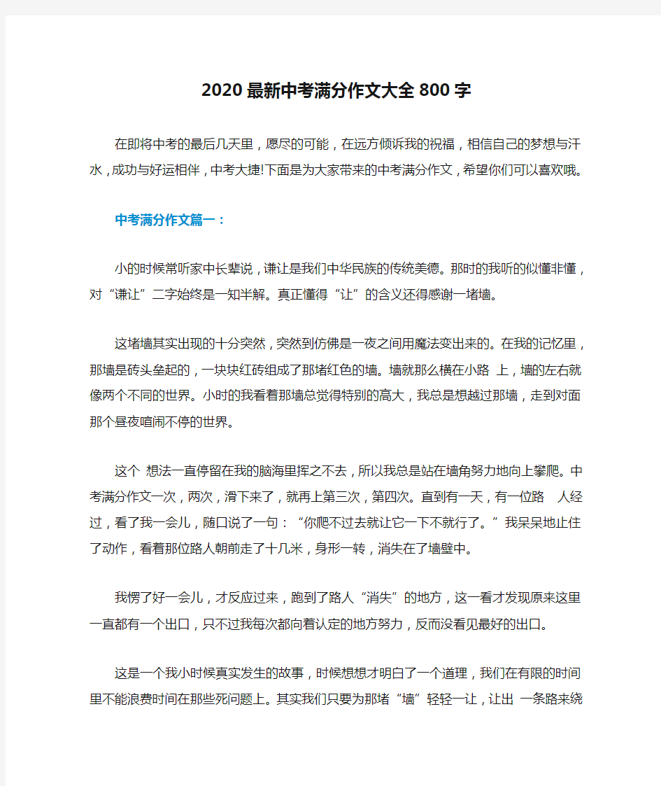 2020最新中考满分作文大全800字