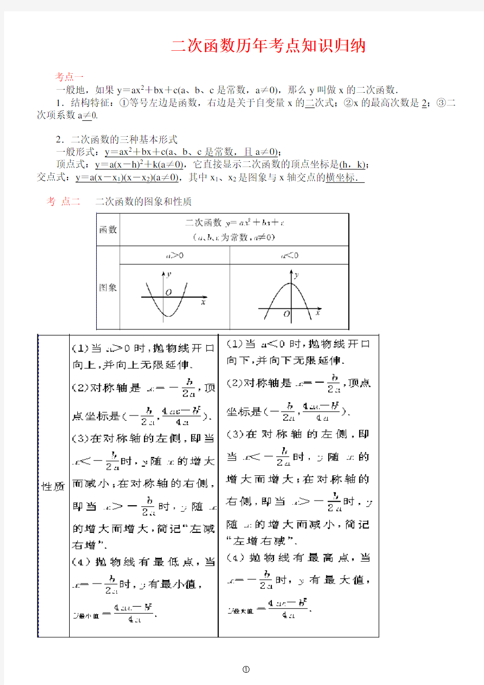 初三数学二次函数历年考点知识归纳