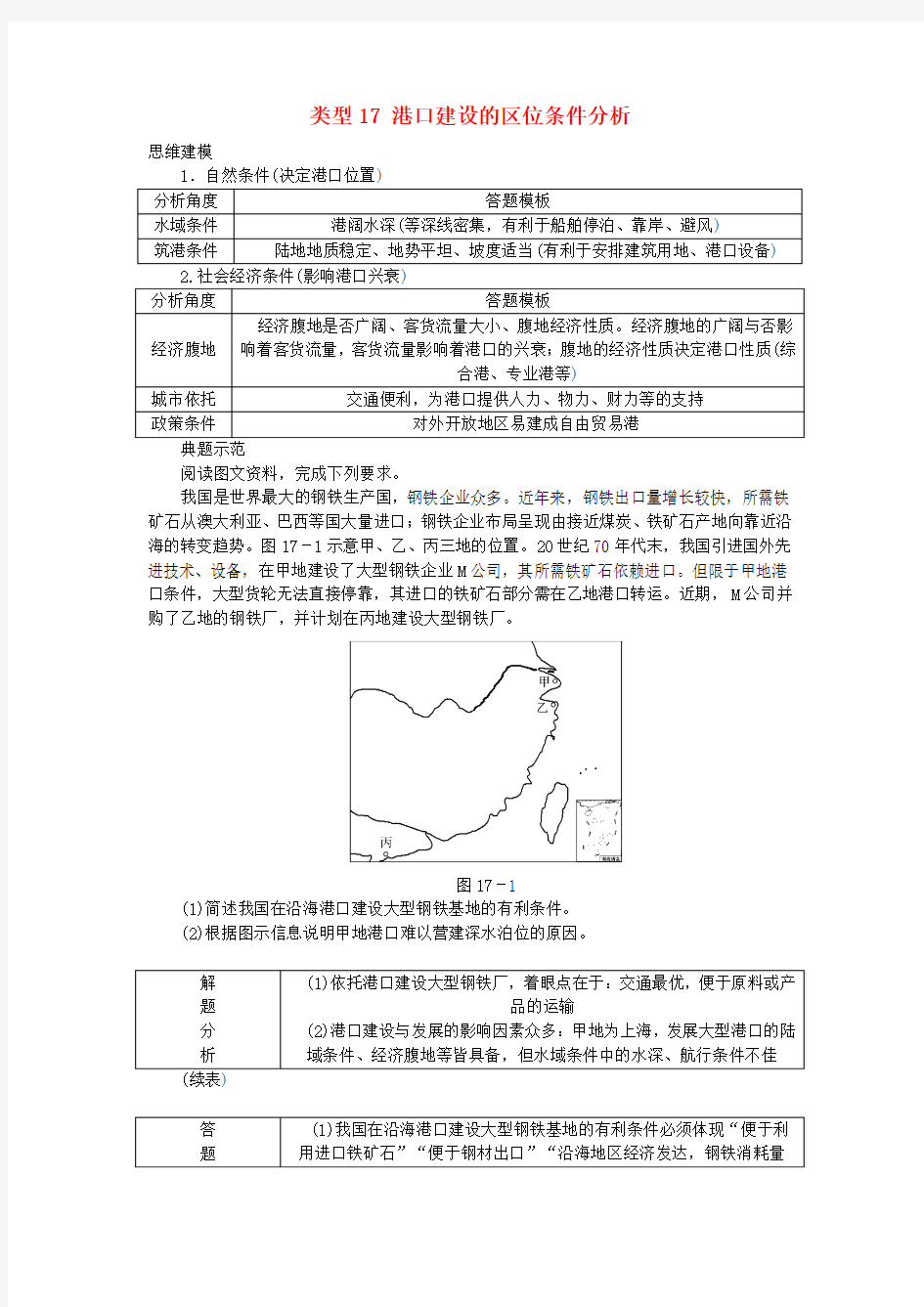 名校专递：高考地理特色专题讲练(17)港口建设的区位条件分析(含答案)