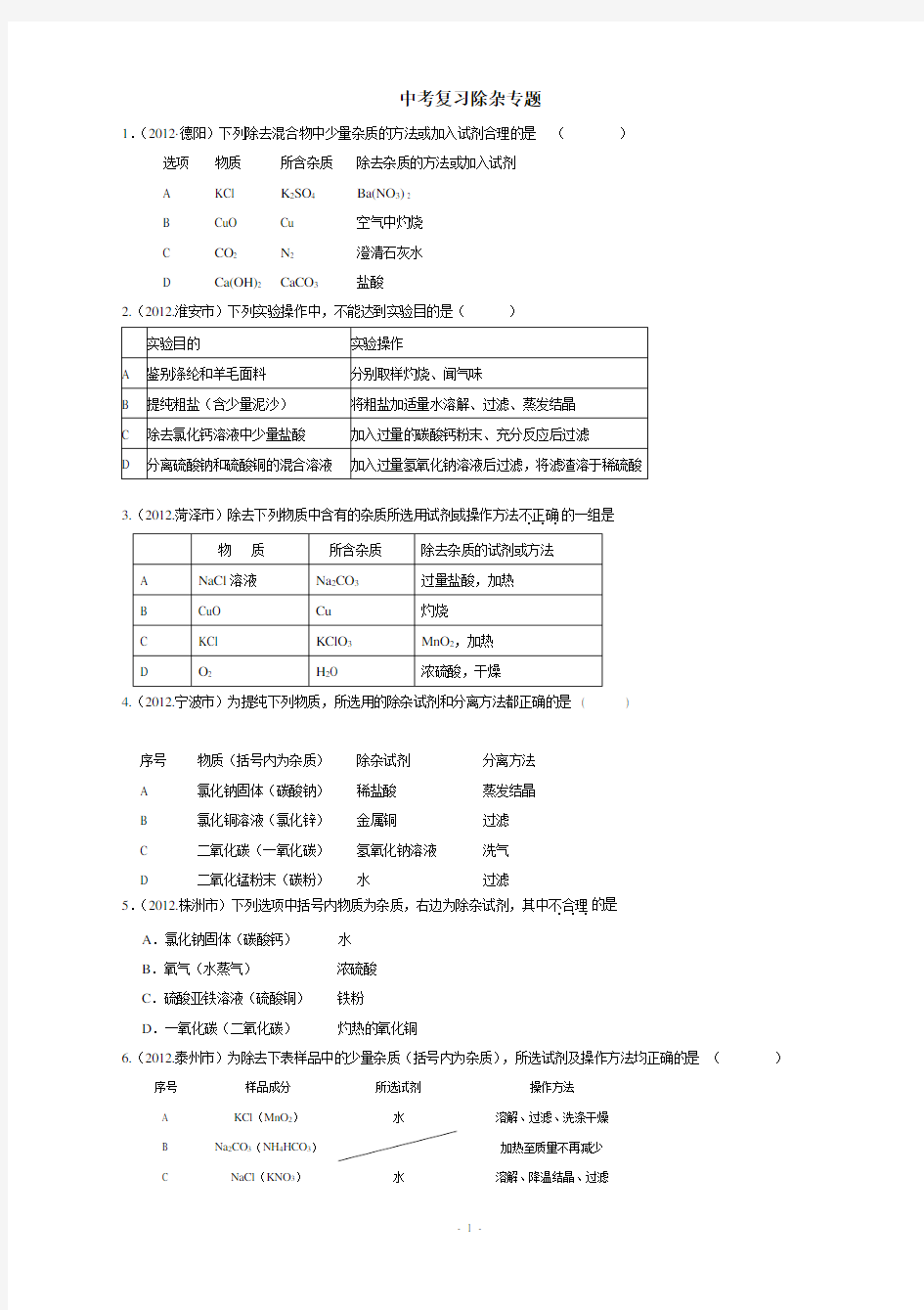 (完整版)初中化学、中考除杂专题练习(含答案)