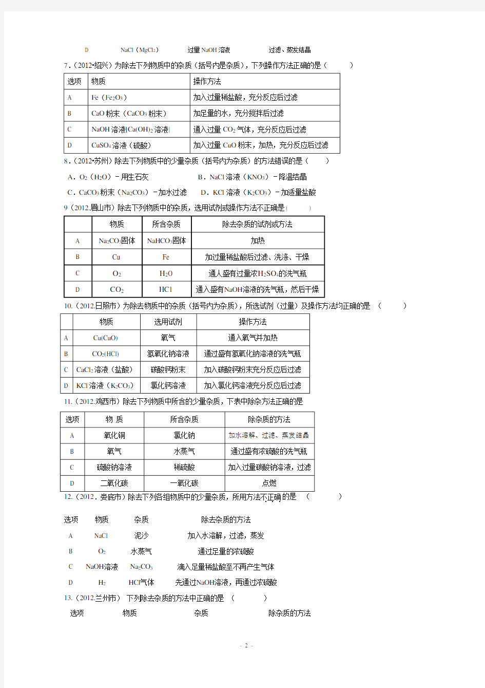 (完整版)初中化学、中考除杂专题练习(含答案)