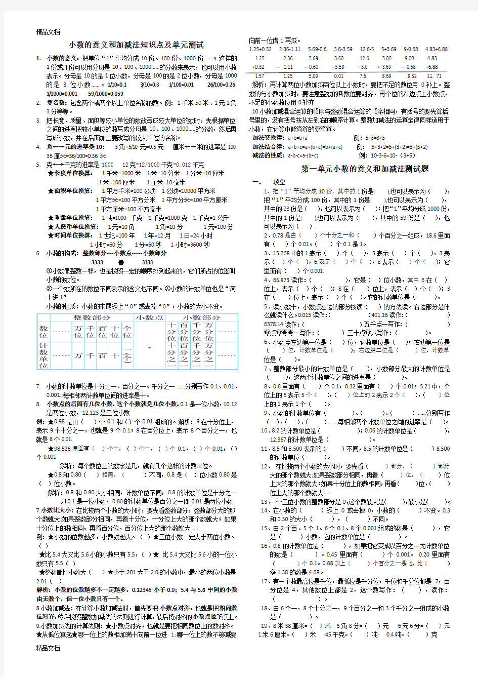 第一单元：小数的意义和加减法知识点及单元测试知识分享