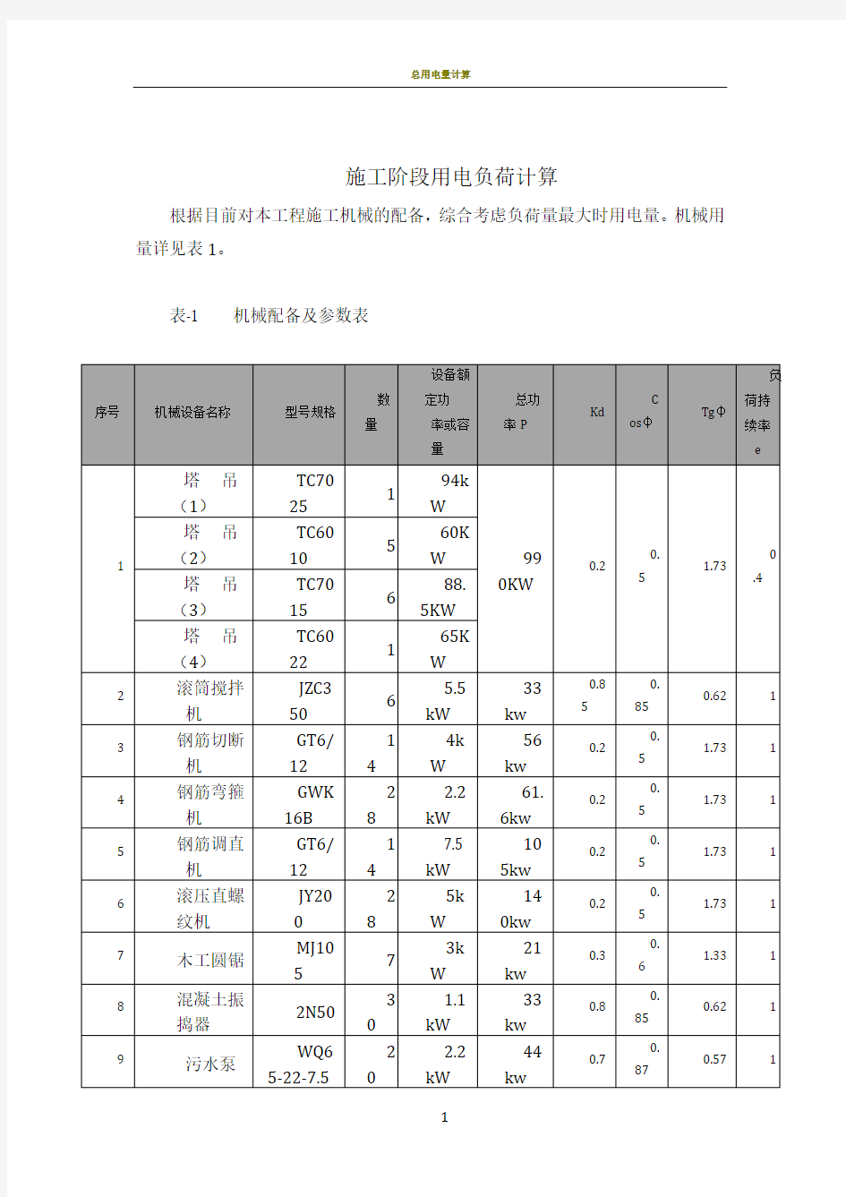 施工临时用电负荷计算