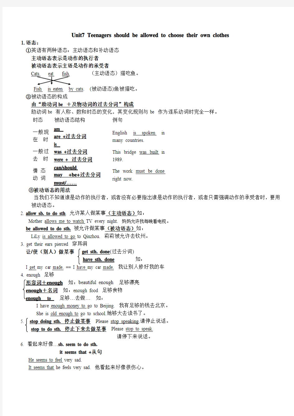 新人教版Unit7-Teenagers-should-be-allowed-to-choose-their-own-clothes知识点及课后测试