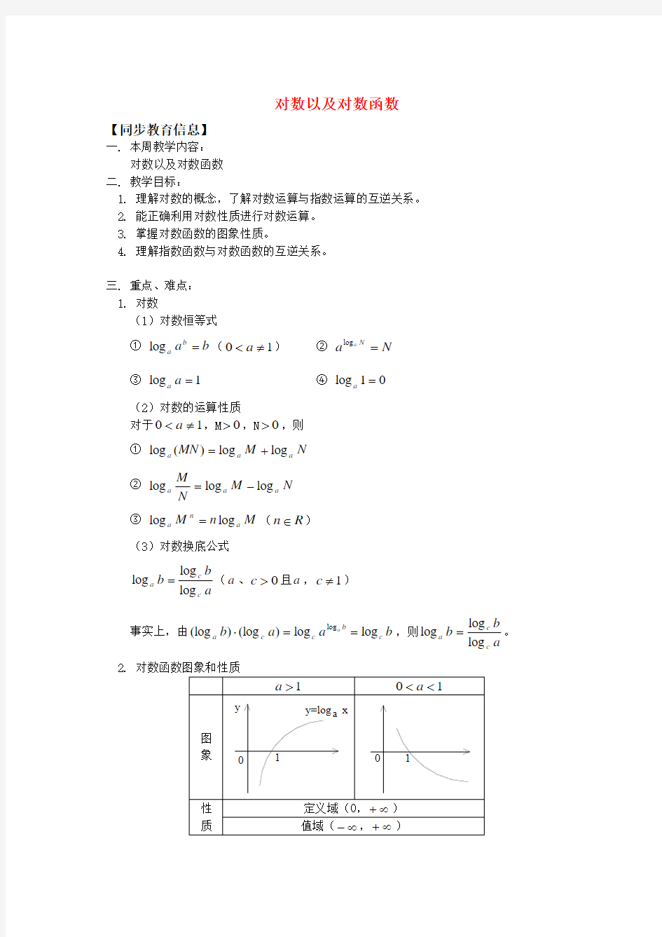 人教A版高中数学必修一对数函数教案新