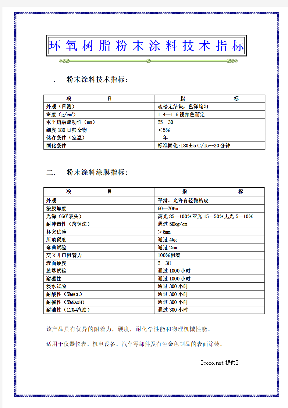 环氧树脂粉末涂料技术指标