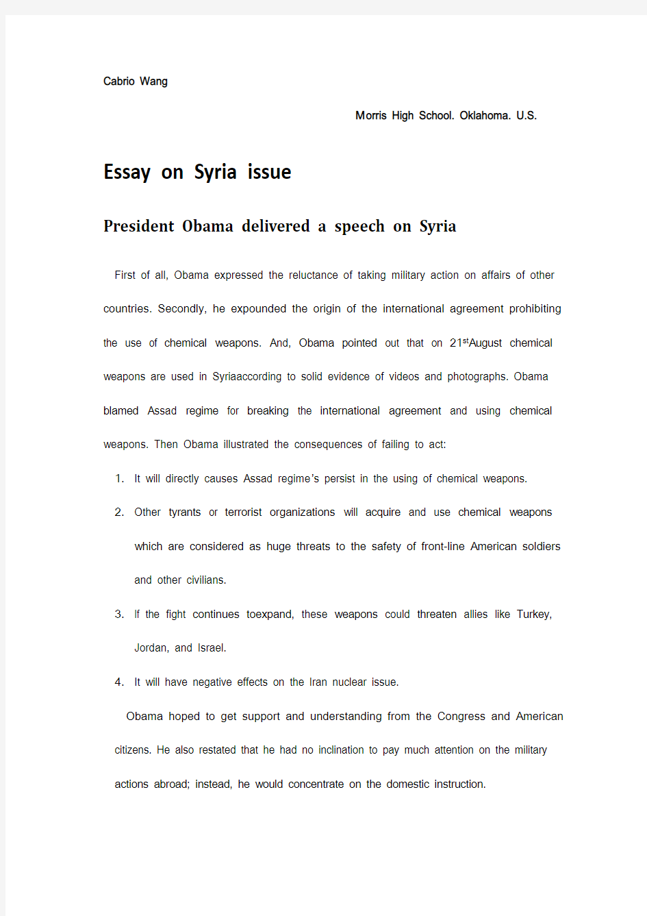 Essay on Syria issue(叙利亚问题分析英文版+奥巴马910演讲总结)