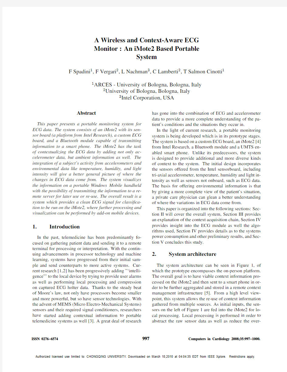 A Wireless and Context-Aware ECG MonitorAn iMote2 Based Portable system