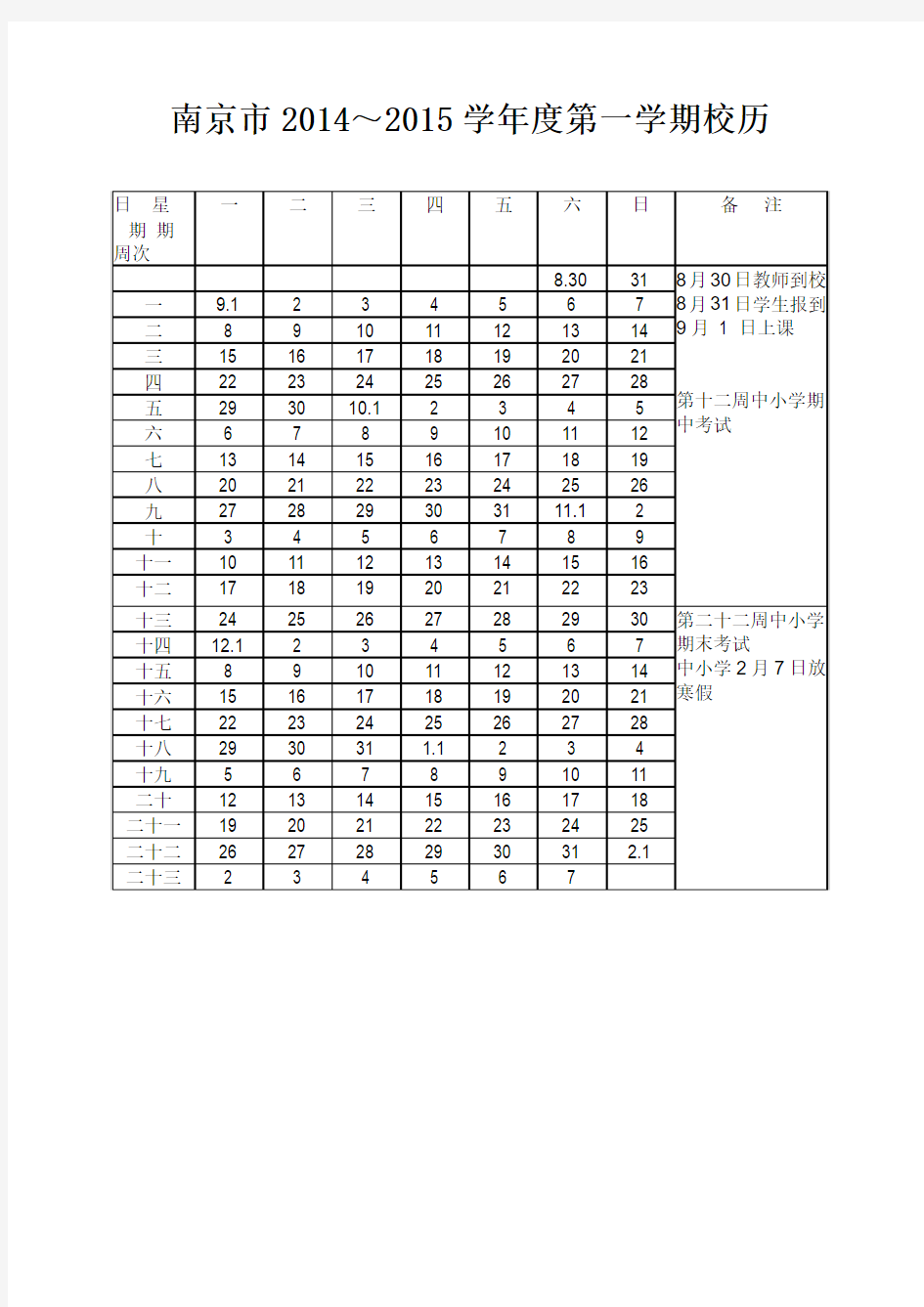 南京市2014-2015学年度校历