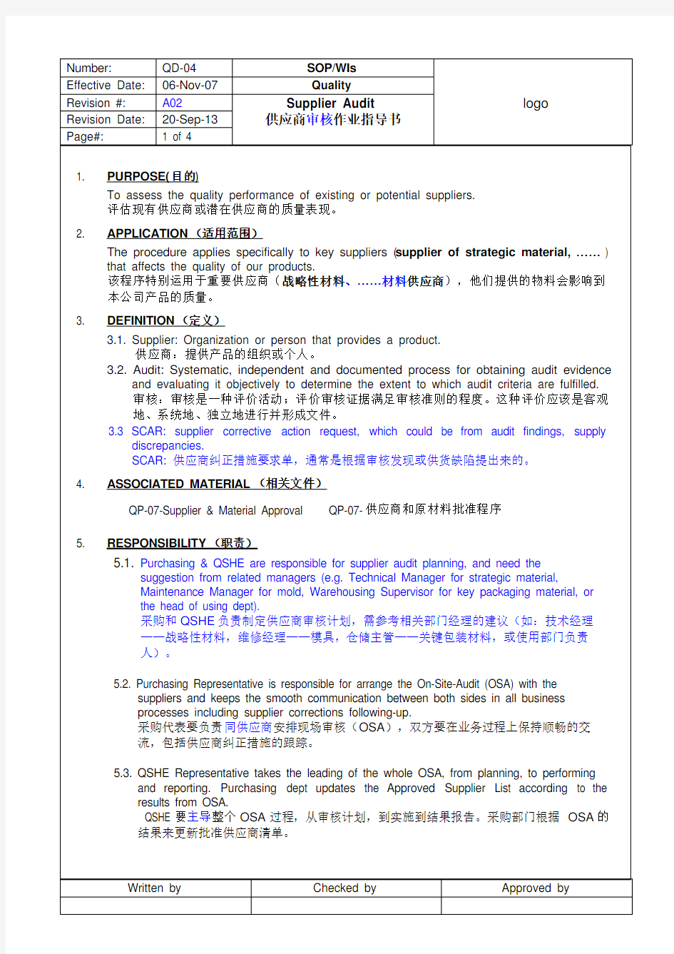 供应商审核作业指导书Supplier Audit SOP