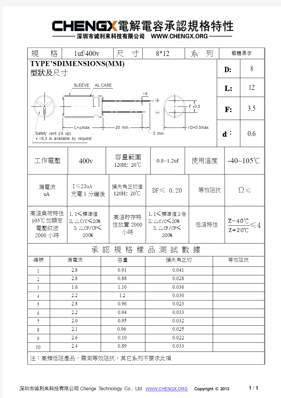 电解电容规格书1T400-8X12