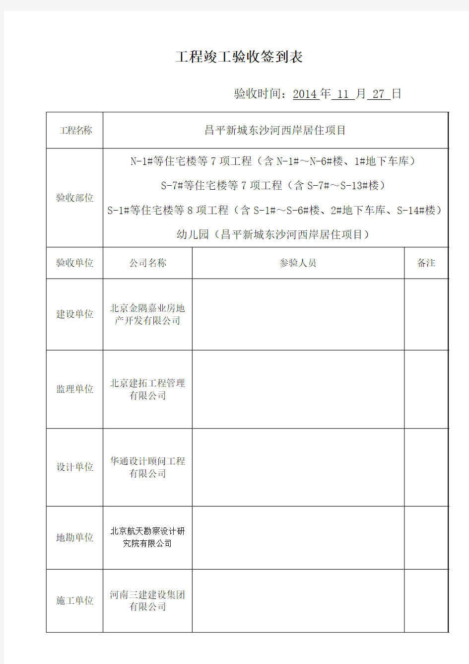 工程竣工验收签到表