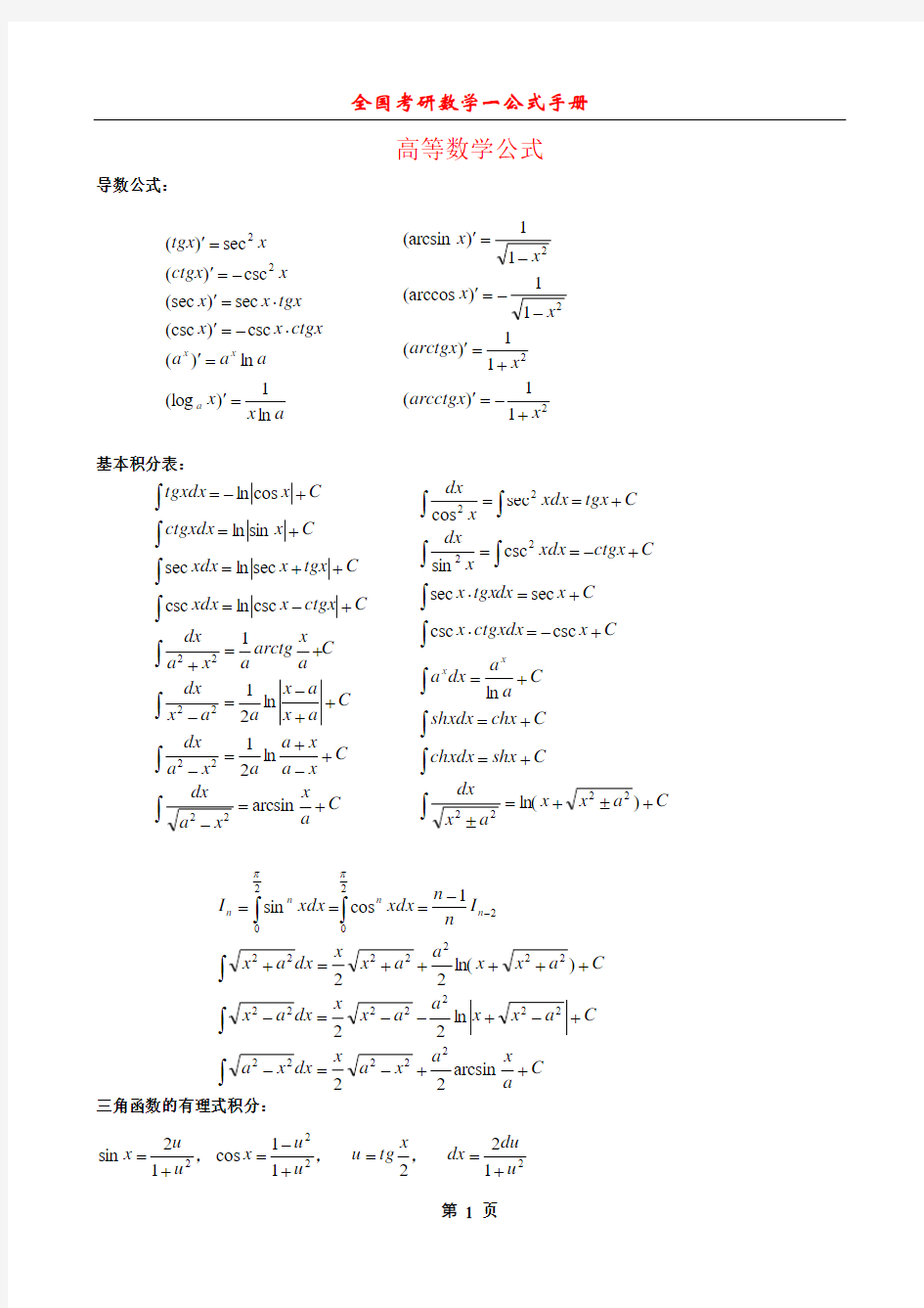 考研数学一公式手册大全(最新整理全面)