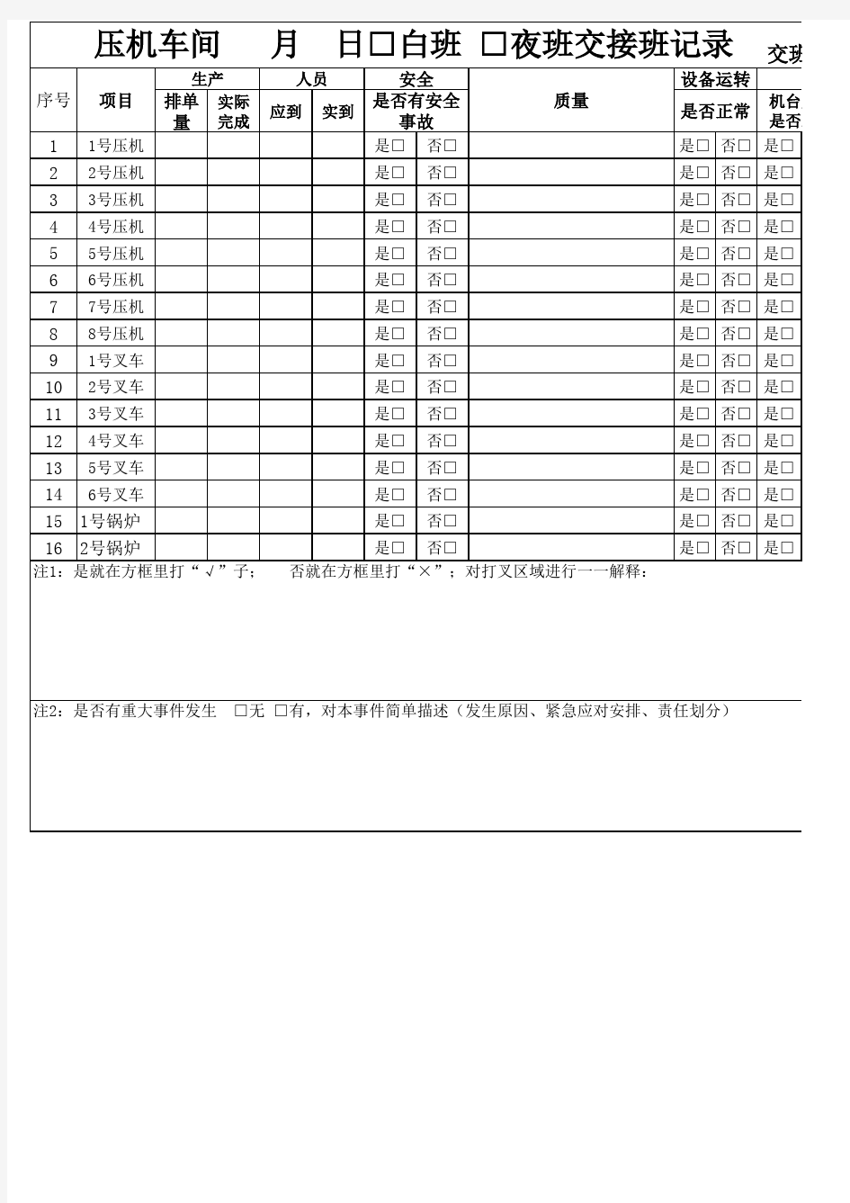 生产车间交接班记录表