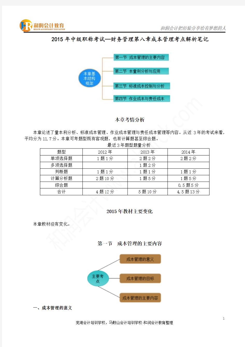 2015年中级职称考试—财务管理第八章成本管理考点解析笔记