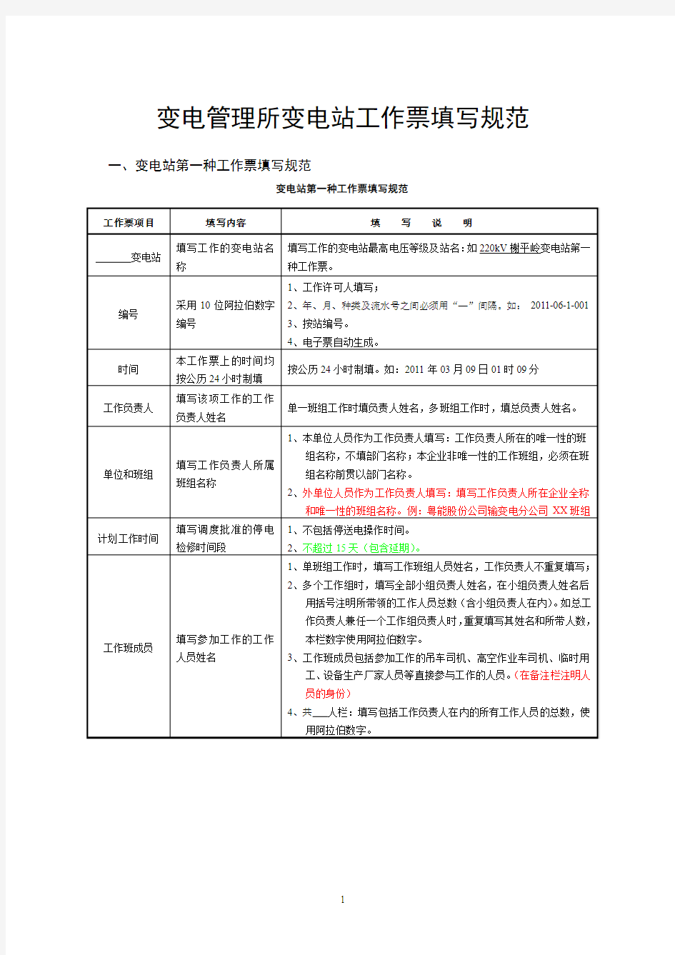 变电管理所工作票填写规范