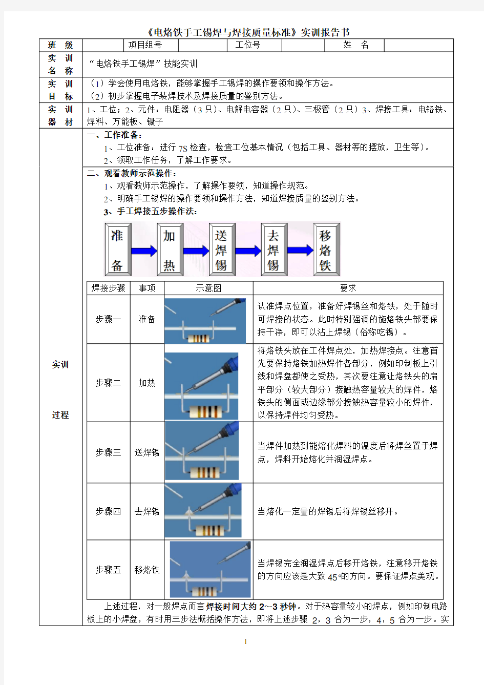 《电烙铁手工锡焊》实训报告书